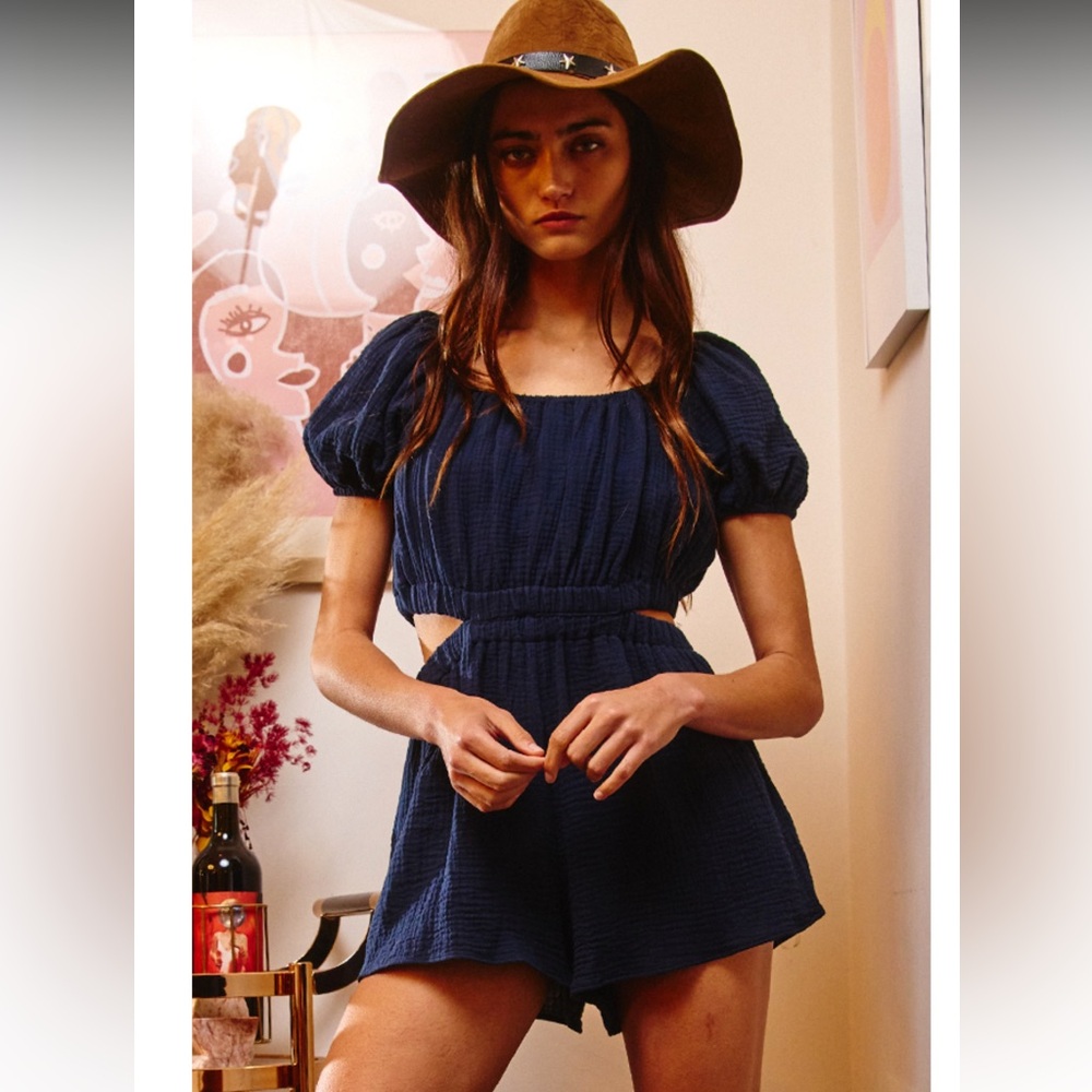 BUCKETLIST Cutout Poof Sleeve Solid Gauze Romper